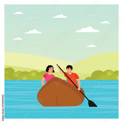 Paddle boat rental concept. Man and woman Enjoying a Rented Rowing Boat Ride.