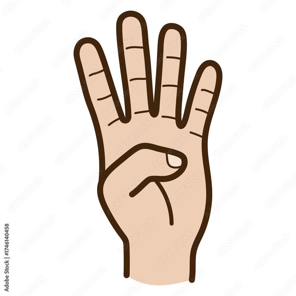 Obraz premium Raised Hand Showing Four Fingers in Cartoon Style on Transparent Background Vector Illustration Isolated