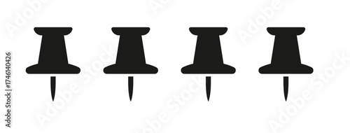 Map Pin Multiple Style Icon Design Vector - Push pin symbol representing pinned location, place marking, or saved spot. Four push pins arranged on a stark black background, vector illustration.