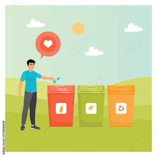 Trash sorting facility concept. A man outdoors sorts waste Under Sunny Sky..