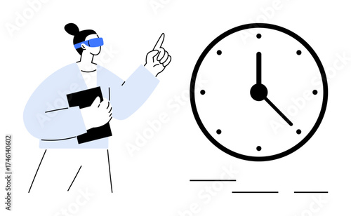 Person wearing VR glasses holds a notebook while gesturing toward a large clock. Ideal for technology, time management, multitasking, productivity, scheduling, innovation, deadlines. Simple flat