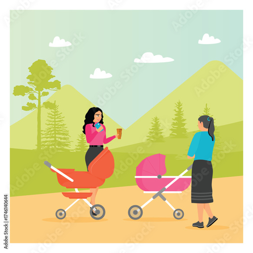 Happy moms concept. Two mom With Strollers Enjoy Outdoor Park Scene.