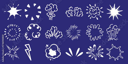 Collection of White Hand-Drawn Explosion and Burst Icons on a Blue Background