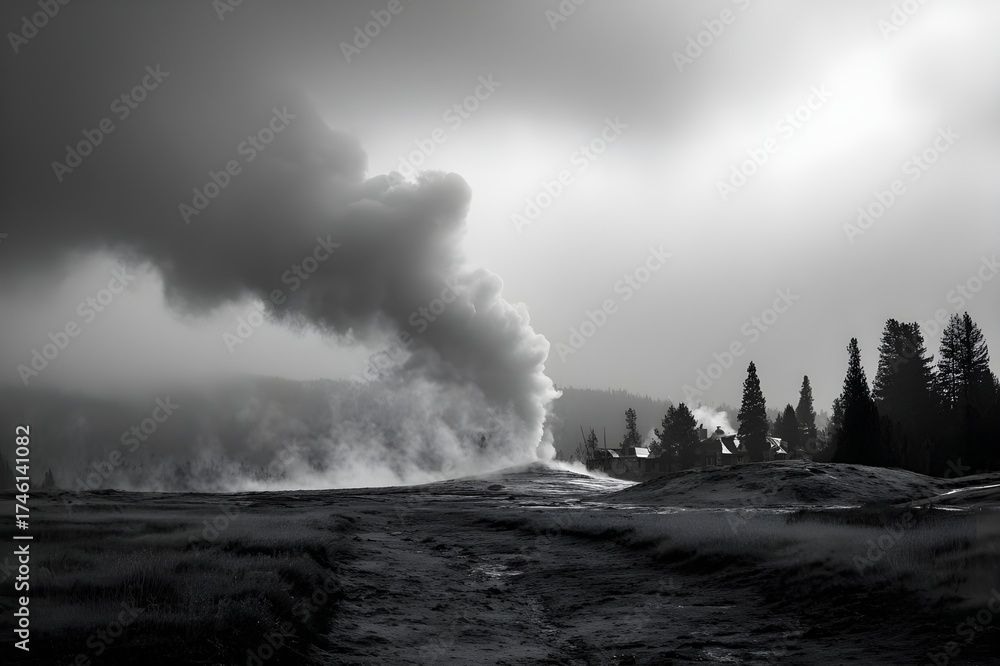 Fototapeta premium Geyser Basin Steaming Plume Geothermal Documentary Natural Hot Spring Volcanic Landscape Photography Nature