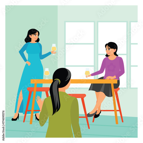 Going to a pub concept. Friends enjoy a casual get-together in a modern cafe with a glass of wine.