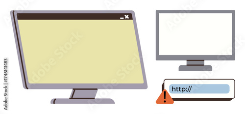 Two computer monitors, one blank and one showing URL input with warning icon. Ideal for technology, cybersecurity, error, internet issues, communication, warning signals troubleshooting. Clean