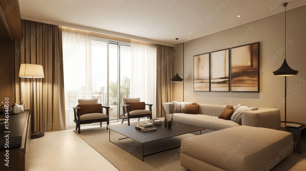 Fototapeta premium Elegant modern lounge with matte black accent furniture, soft linen cushions, and a neutral palette highlighted by abstract canvas art .