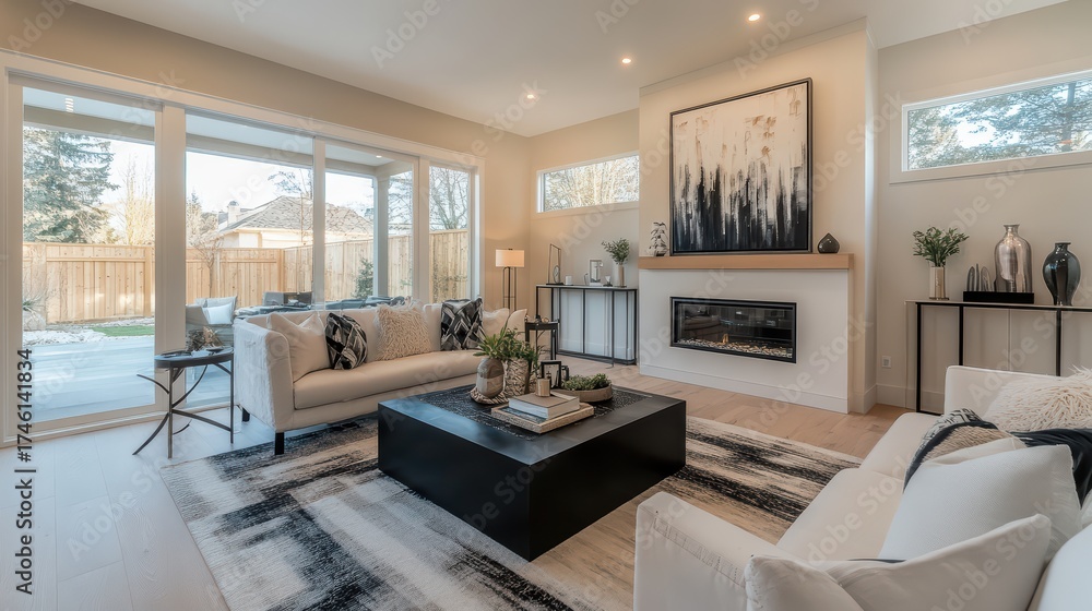 Fototapeta premium Modern living room featuring sculptural black decor pieces, soft beige textiles, and abstract wall art in warm neutral tones, creating a cozy yet sophisticated ambiance.