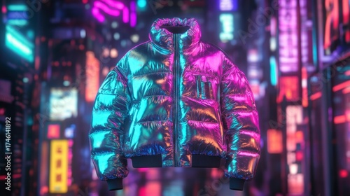 Metallic puffer jacket in a vibrant neon cityscape.