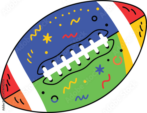 A playful, modern illustration of an American football with vibrant colors, decorative doodle elements, and bold laces, perfect for sports, athletics, and creative design projects