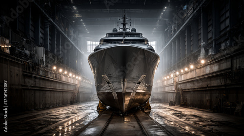 Luxury yacht shipyard drydock sleek metal hull dramatic lighting reflective surface
