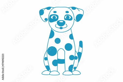 Animated dalmatian puppy sits politely with blue spots and outlines, presented against a white backdrop