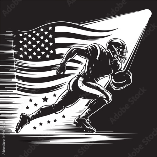 American football player runs with flag, dynamic motion