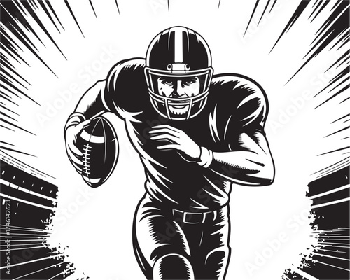 Dynamic football player rushing with ball past stadium lights