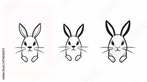 Three stylized rabbit illustrations in a row, featuring simple black and white line art on a plain background.