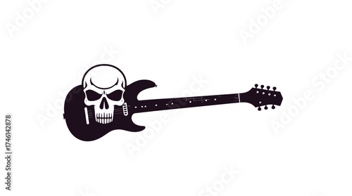 An electric guitar silhouette with a skull graphic on the body, isolated on a white background.