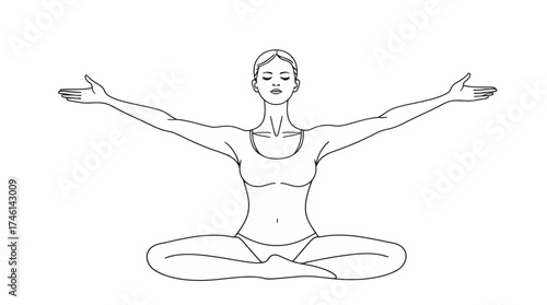 Woman in seated yoga pose with arms extended, palms up, in a line drawing.