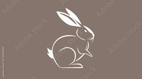 A minimalist white line drawing of a rabbit against a muted brown background.