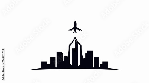 Silhouette of a city skyline with a plane taking off, centered on a white background.