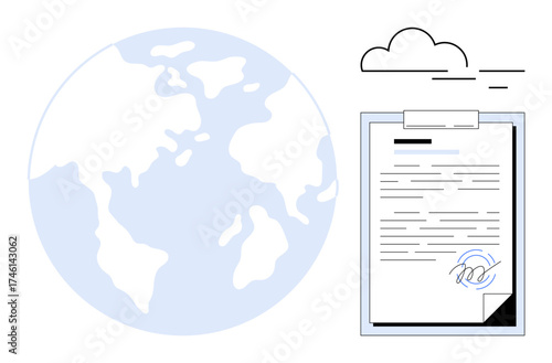 Globe alongside a signed document with clouds in the background. Ideal for agreements, contracts, environment, sustainability, global partnerships, law, ecological preservation. Simple flat metaphor