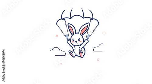A cheerful cartoon bunny is descending from the sky with a parachute.