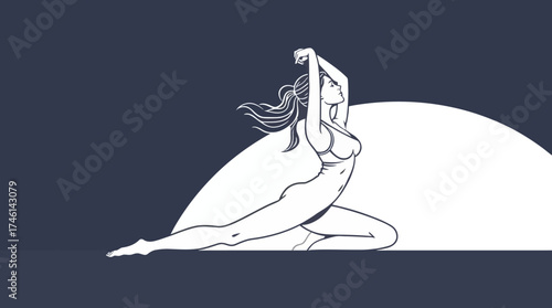 A woman in a bikini does a yoga pose, stretching with arms raised against a light, circular background.