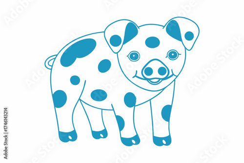 Cartoon outline depicts a standing piglet with blue spots looking forward with innocence