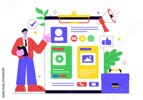 Personal Portfolio Vector Illustration with Profile Information, Resume, and Self Improvement Concept to Attract Clients and Employers in Background