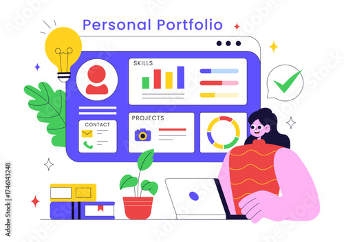 Personal Portfolio Vector Illustration with Profile Information, Resume, and Self Improvement Concept to Attract Clients and Employers in Background