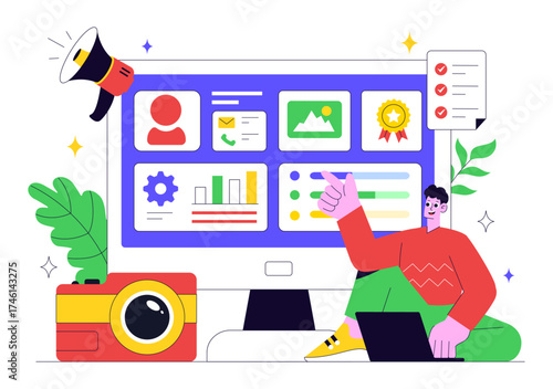 Personal Portfolio Vector Illustration with Profile Information, Resume, and Self Improvement Concept to Attract Clients and Employers in Background