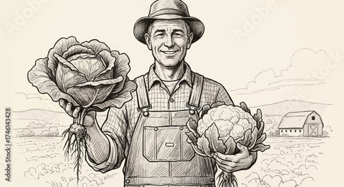 Farmer smiles holding cabbage and cauliflower in a field with a barn in the background.