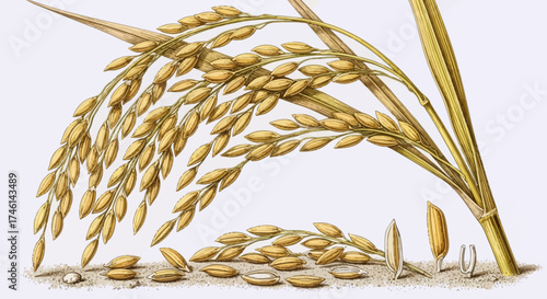 Detailed botanical illustration of rice plant showing grains and stalks, in a naturalistic style.