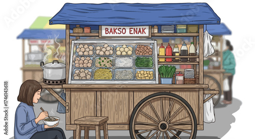 Illustration of a street food vendor cart selling Bakso Enak, with a customer enjoying a bowl of soup.