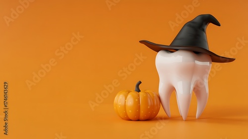 Whimsical halloween tooth character wearing a witch hat next to a small pumpkin on an orange background
