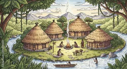 Indigenous village scene with thatched huts, people gathered around a fire, and a river flowing around the settlement.