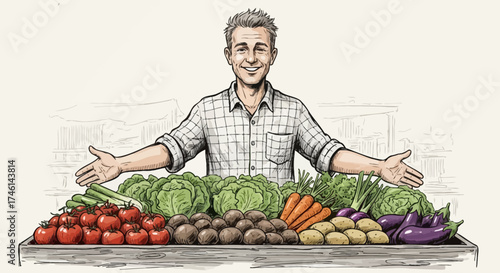 Smiling man with open arms presenting a table full of fresh vegetables, including tomatoes, lettuce, carrots, and potatoes.