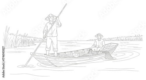Two individuals navigating a wooden boat on the water, using a pole and paddle.
