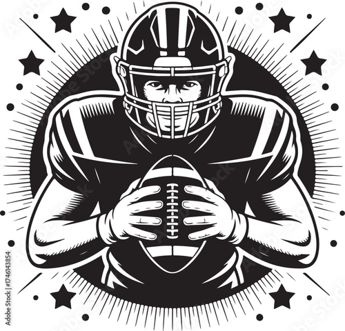 American football player holding ball, determined look, bold style
