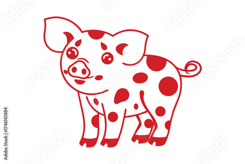 Cartoon piglet standing cheerfully showcases red polka dots against a crisp white backdrop