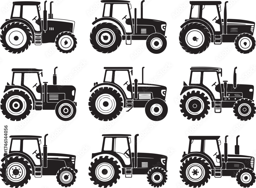 Fototapeta premium Diverse tractor silhouettes for agricultural projects