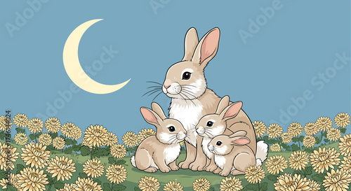 Adorable light brown rabbit family, an adult with two young, sitting closely, one eating grass.