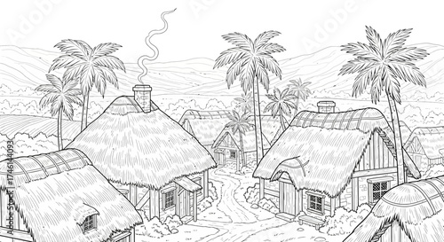 Hand-drawn village scene with thatched roof houses, palm trees, and a distant mountain range.