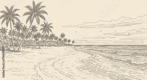 A serene pen and ink illustration showcasing a tropical beach scene with palm trees, sand, and ocean waves.