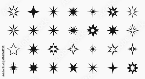 Collection of Various Black Star Shapes and Designs on White Background.