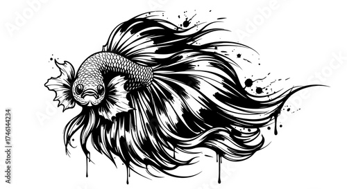A detailed black and white illustration of a Siamese fighting fish with flowing fins and ink splatters.