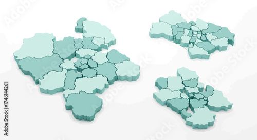 Discover intricate 3D regional map outlines in calming teal, perfect for visualizing data, demographics, and geographic divisions with modern appeal.