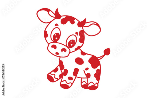Cartoon red and white calf poses with adorable large eyes on clear background