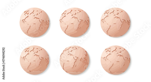 Six global earth map spheres arranged in a clean, modern, symmetrical pattern creating a sense of unity and worldwide connection