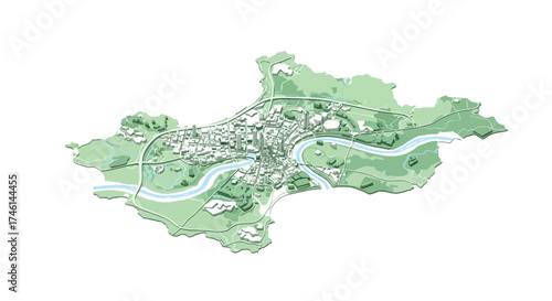 Stunning aerial view of a green city map with flowing river and surrounding landscape, perfect for urban planning and development concepts