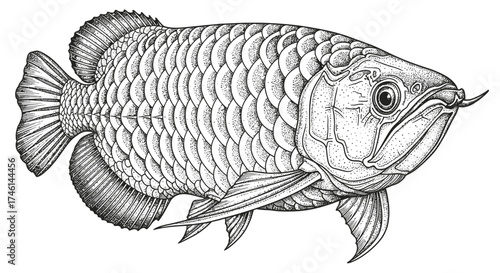 Detailed illustration of an Arowana fish, showcasing its scales, fins, and distinctive features in a black and white drawing.